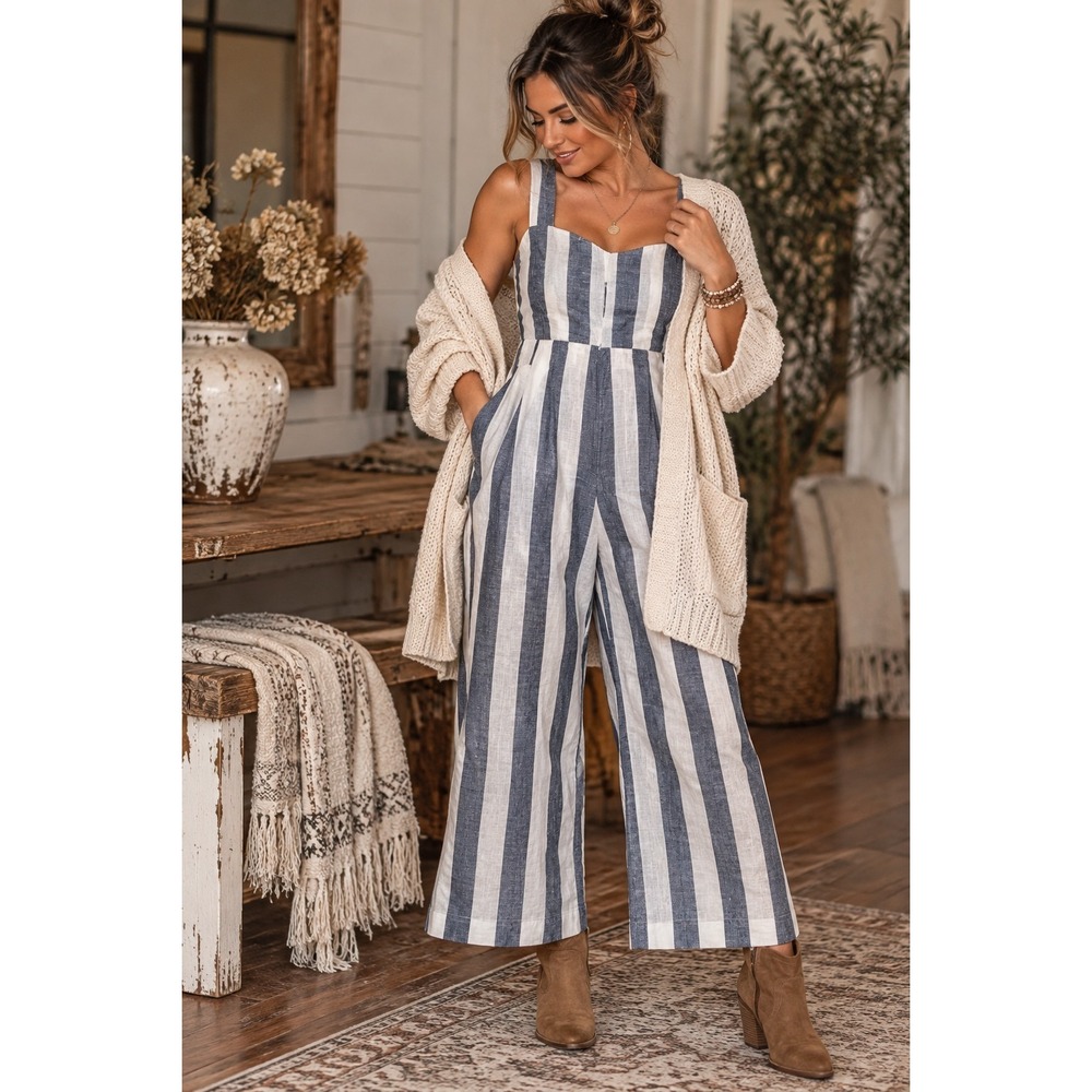 For The Republic Women's M Blue White Striped Linen Blend Wide Leg Jumpsuit
